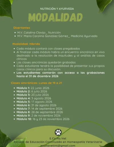 Volante del curso intensivo de nutrición clínica y Medicina Ayurveda aplicada a caninos y felinos.