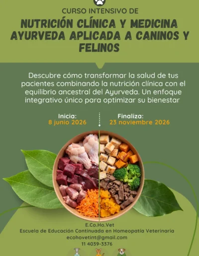 Volante color del curso intensivo de nutrición clínica y medicina ayurveda aplicada a caninos y felinos.